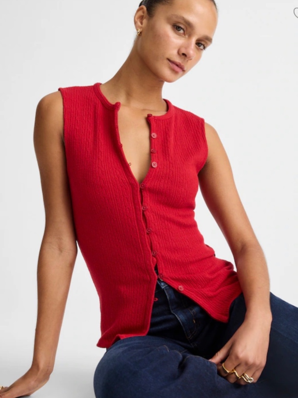 NWT- Madewell Bright Red Ribbed Button-Front Pointenelle Tank